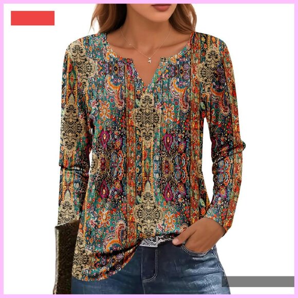 Long Sleeve V-Neck Pleated Tunic Blouse Loose Fit Fall Fashion - Picture 4 of 4